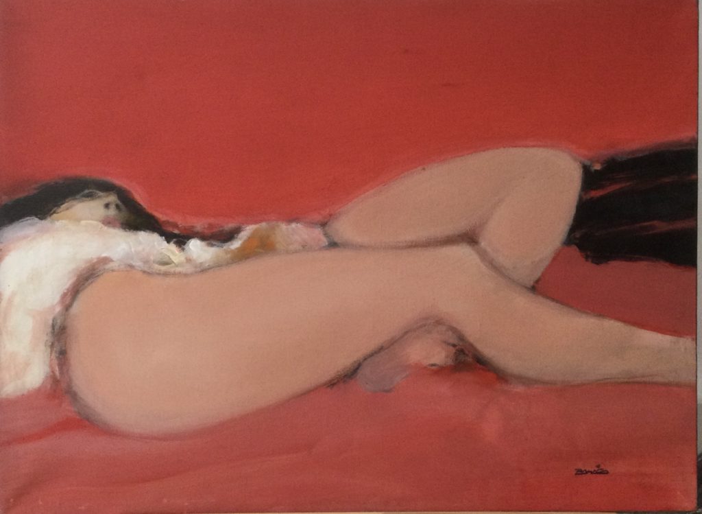 Jordi Bonas Peinture : Laurence au fond rouge.